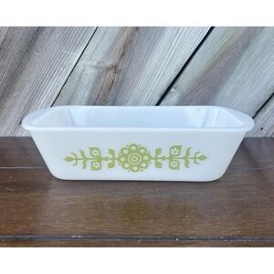 VTG Glasbake Milk Glass Loaf Pan 522 Green Flower‎ 1.5 Qt MCM Ovenware